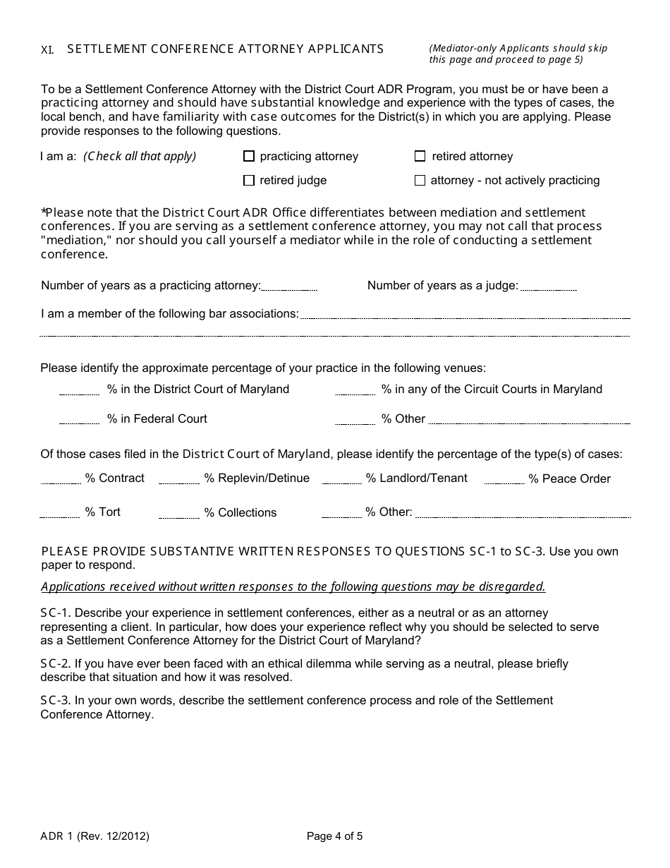 Form ADR1 Volunteer Mediator and Settlement Conference Attorney Application - Maryland, Page 4