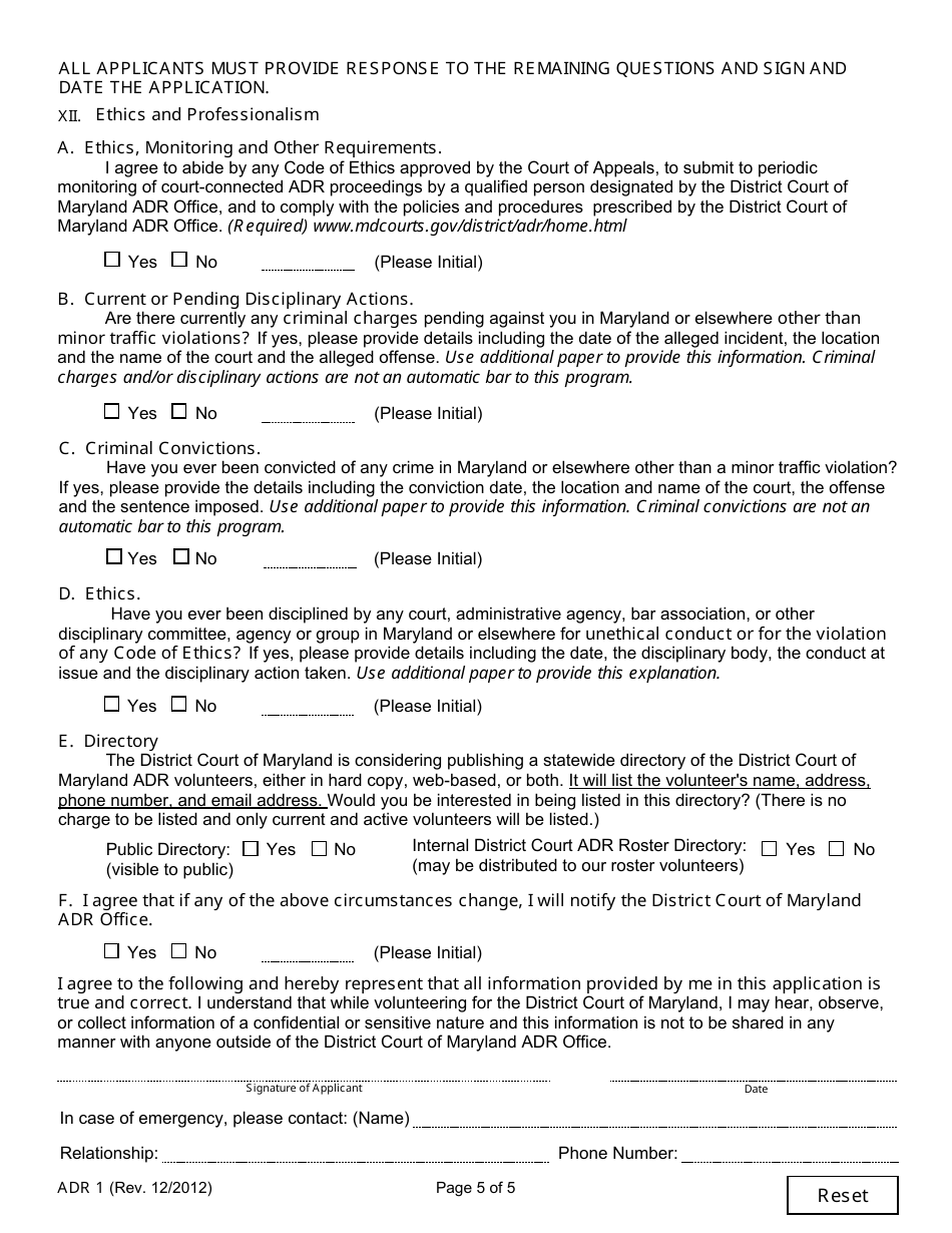 Form ADR1 Volunteer Mediator and Settlement Conference Attorney Application - Maryland, Page 5