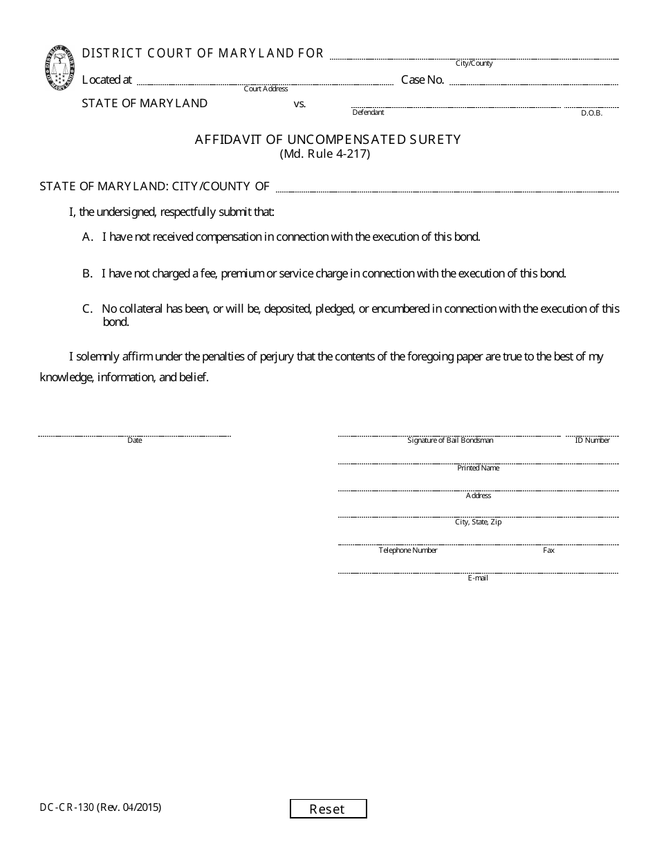 Form DC-CR-130 Affidavit of Uncompensated Surety - Maryland, Page 1