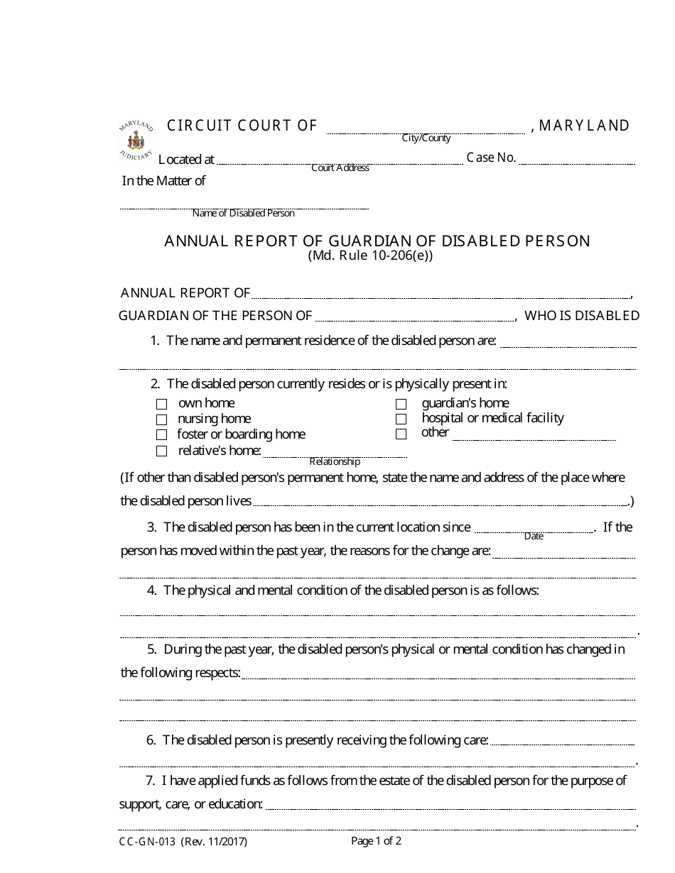 Form CC-GN-013 Annual Report of Guardian of Disabled Person - Maryland, Page 1