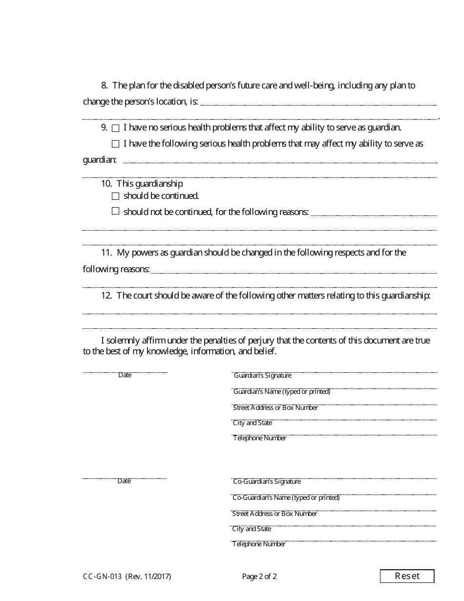 Form CC-GN-013 Annual Report of Guardian of Disabled Person - Maryland, Page 2