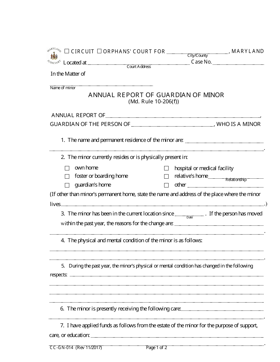 Form CC-GN-014 Annual Report of Guardian of Minor - Maryland, Page 1