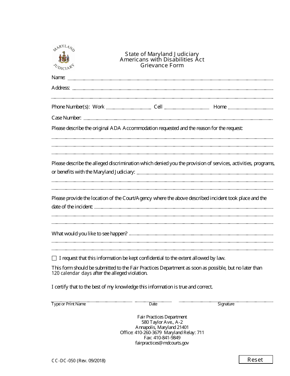 Form CC-DC-050 Americans With Disabilities Act Grievance Form - Maryland, Page 1