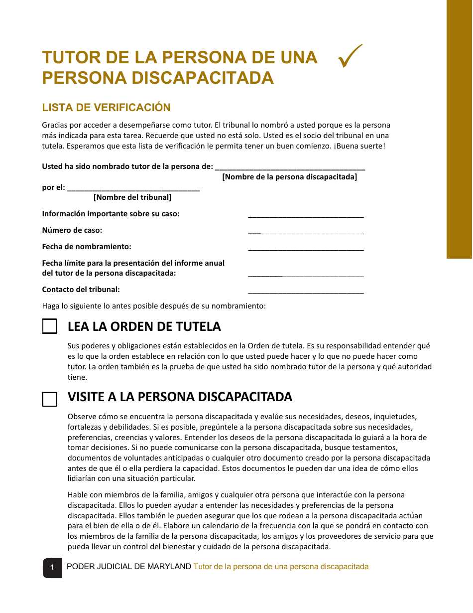 Tutor De La Persona De Una Persona Discapacitada - Lista De Verificacion - Maryland (Spanish), Page 1