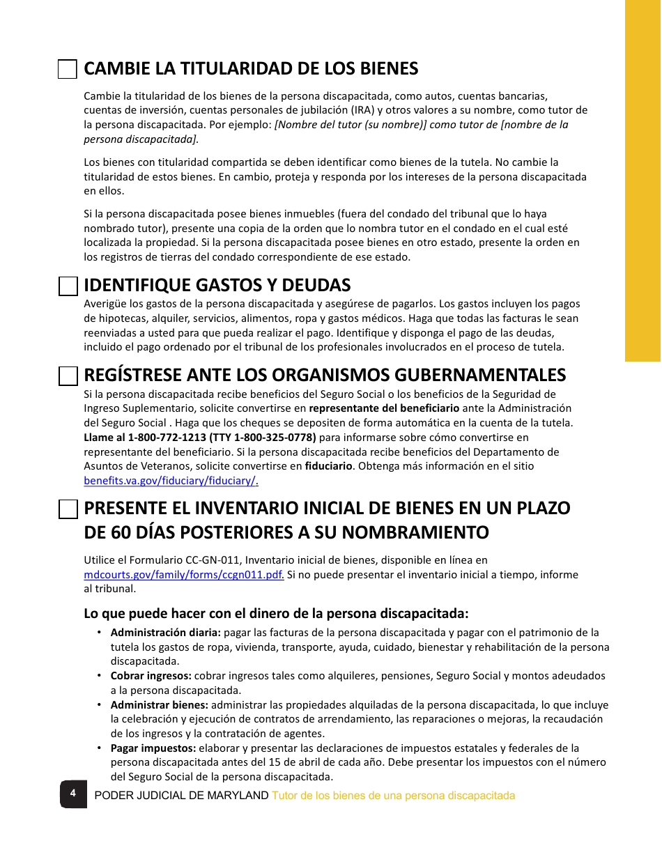 Tutor De Los Bienes De Una Persona Discapacitada Lista De Verificacion - Maryland (Spanish), Page 4