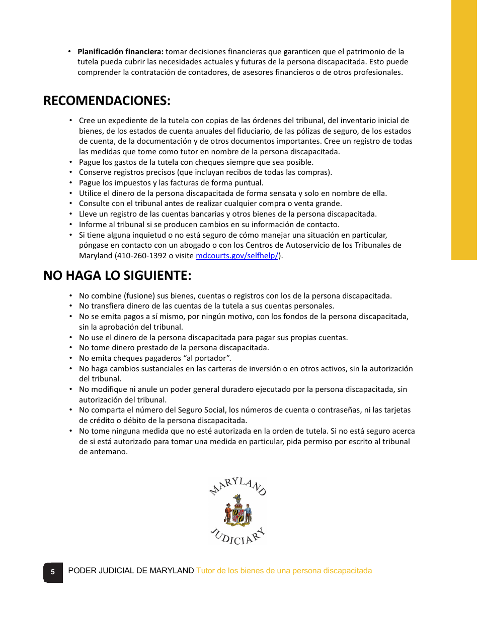 Tutor De Los Bienes De Una Persona Discapacitada Lista De Verificacion - Maryland (Spanish), Page 5
