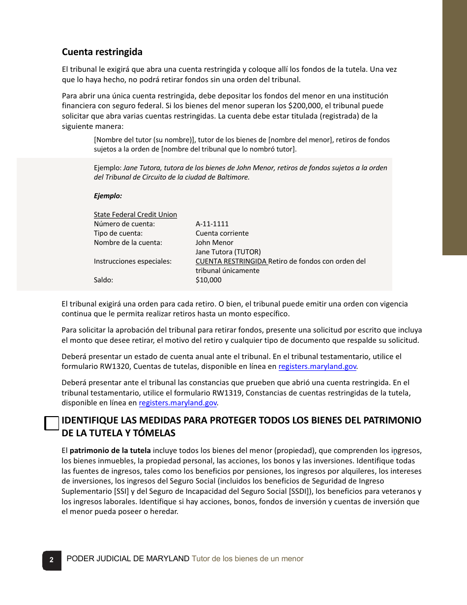 Tutor De Los Bienes De Un Menor Lista De Verificacion - Maryland (Spanish), Page 2