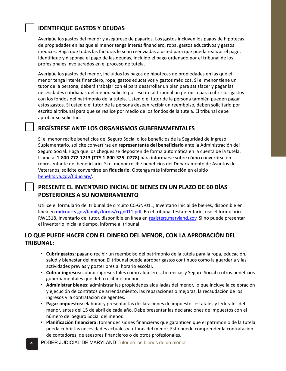 Tutor De Los Bienes De Un Menor Lista De Verificacion - Maryland (Spanish), Page 4