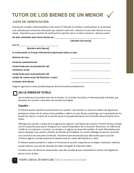Document preview: Tutor De Los Bienes De Un Menor Lista De Verificacion - Maryland (Spanish)
