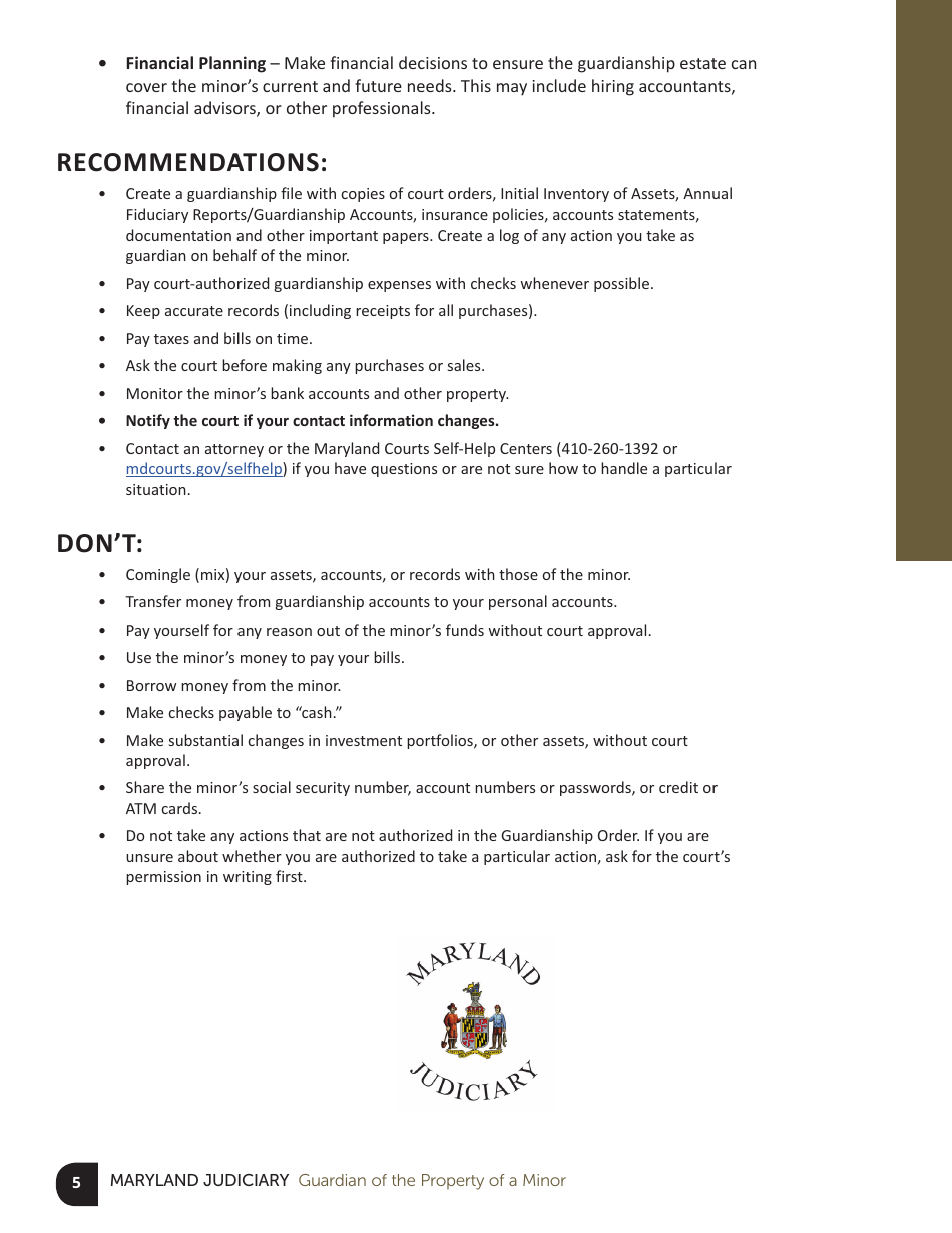 Guardian of the Property of a Minor Checklist - Maryland, Page 5