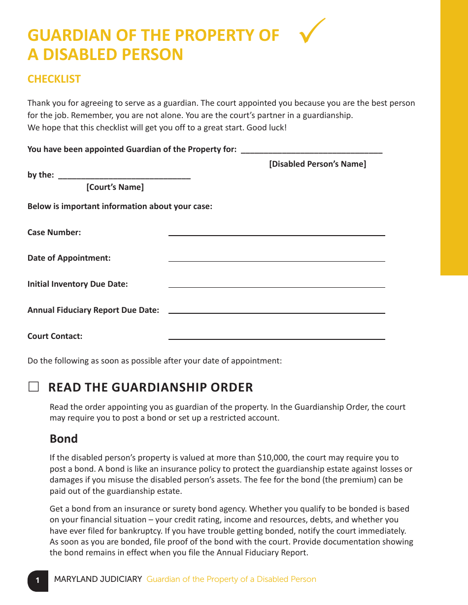 Maryland Guardian of the Property of a Disabled Person Checklist - Fill ...
