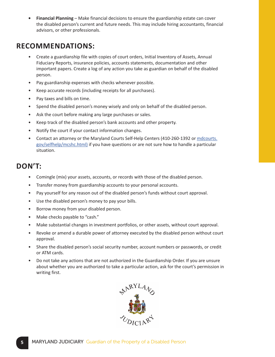 Guardian of the Property of a Disabled Person Checklist - Maryland, Page 5