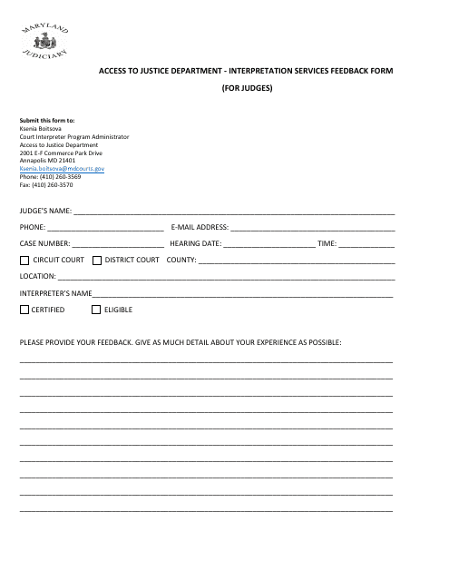 Access to Justice Department - Interpretation Services Feedback Form (For Judges) - Maryland
