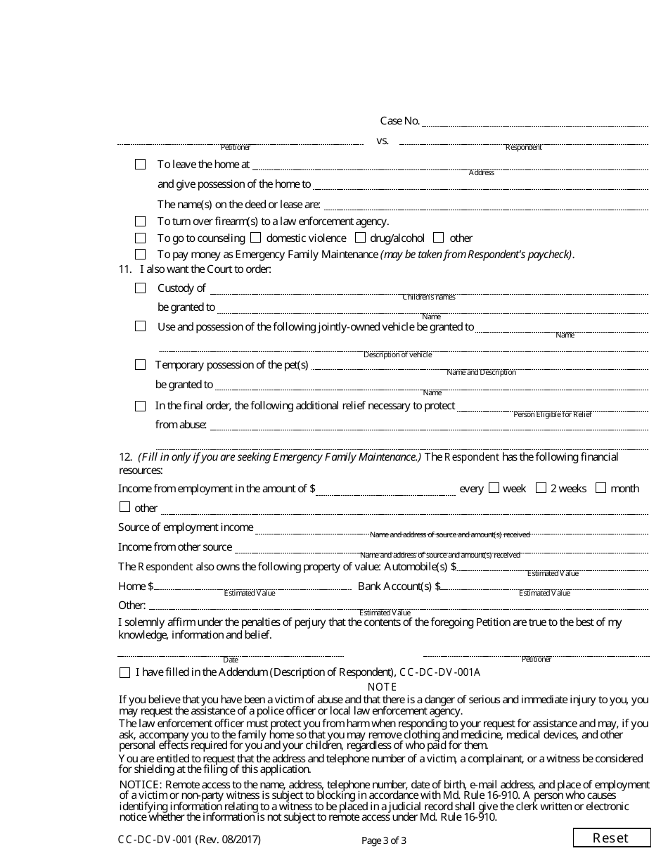 Form CC-DC-DV-001 Petition for Protection From Domestic Violence / Child Abuse / Vulnerable Adult Abuse - Maryland, Page 3