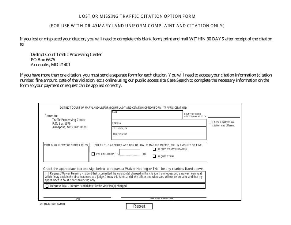 Form DR-049O Lost or Missing Traffic Citation Option Form - Maryland, Page 1