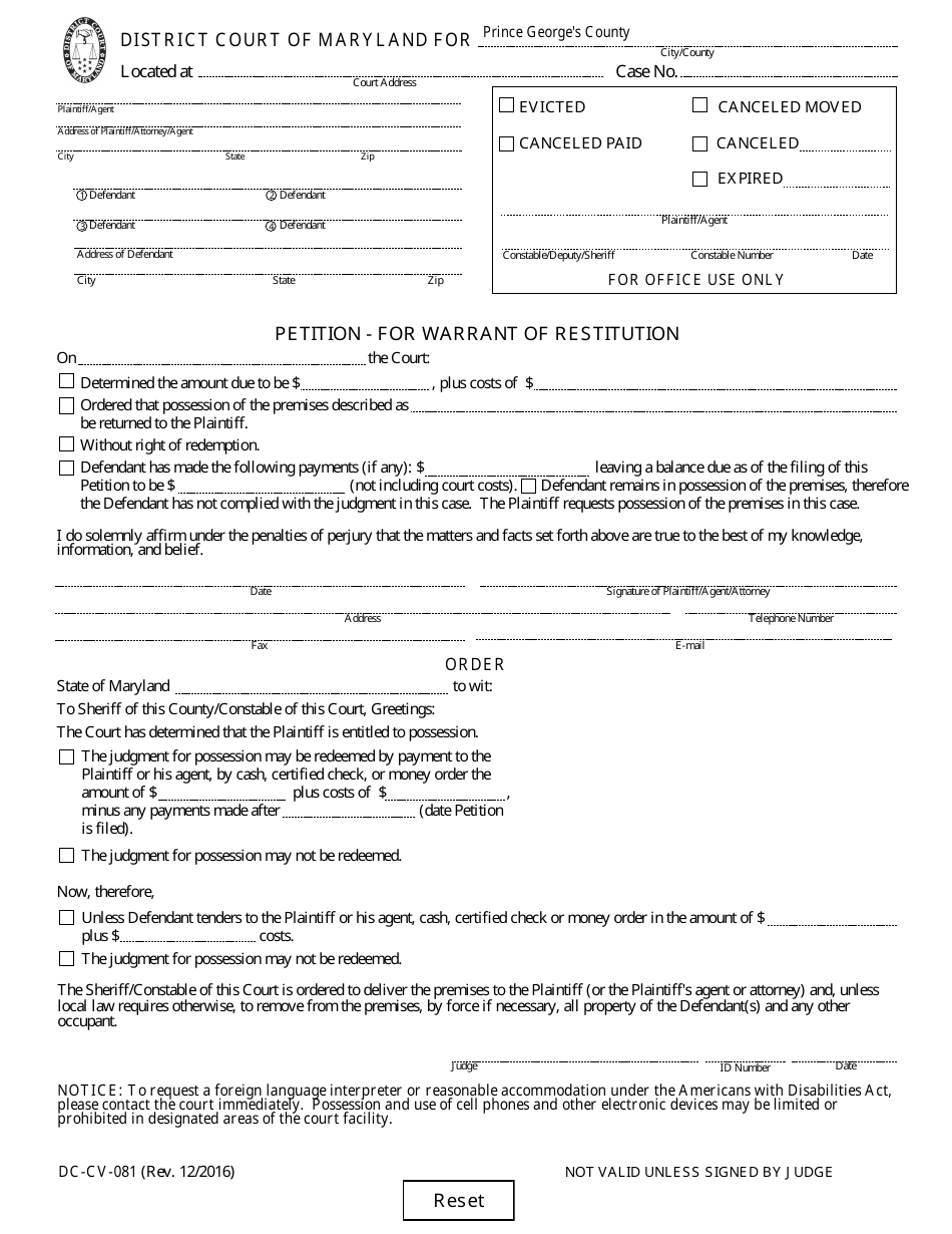 Form DC-CV-081 Petition - for Warrant of Restitution - Maryland, Page 1