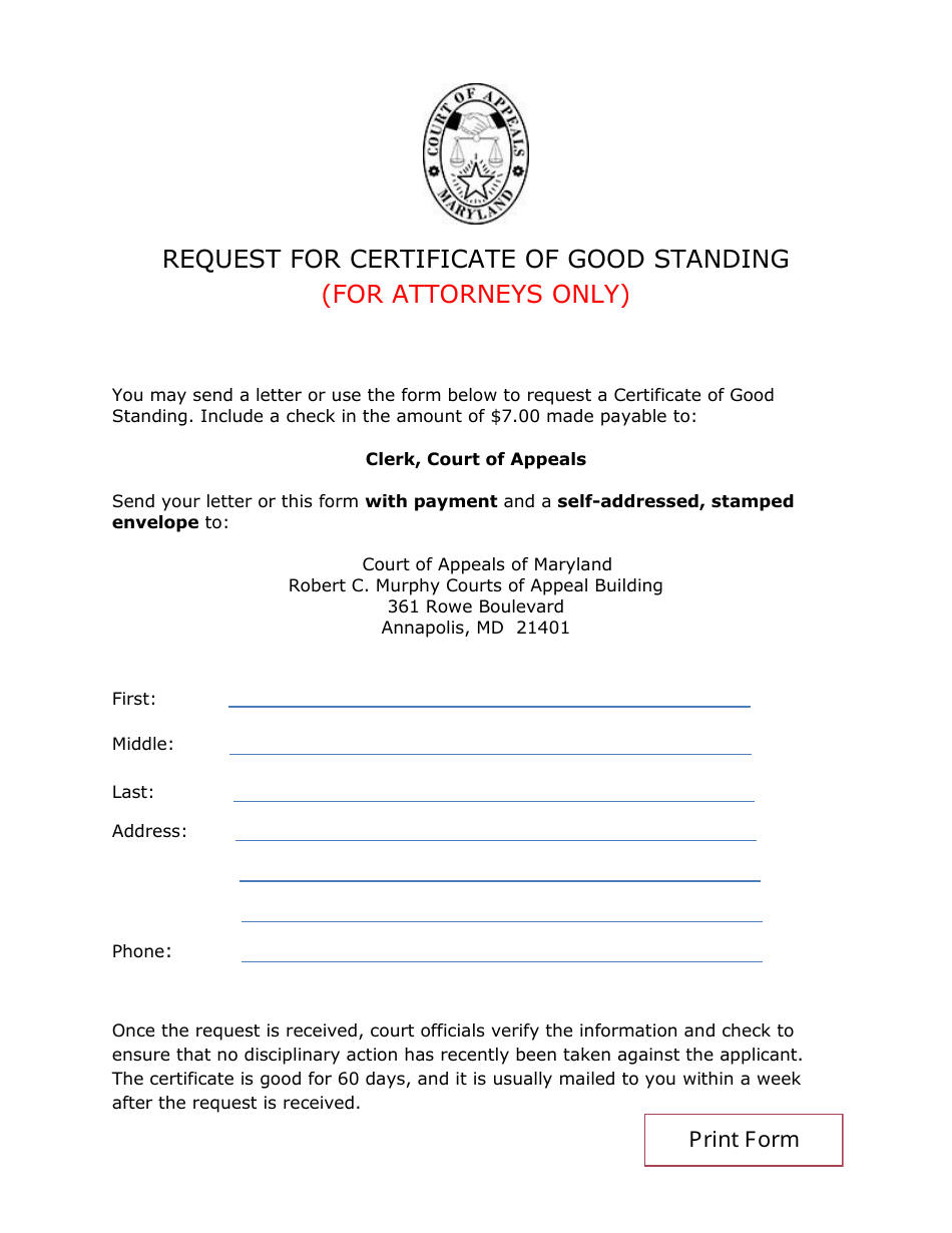 Request for Certificate of Good Standing (For Attorneys Only) - Maryland, Page 1