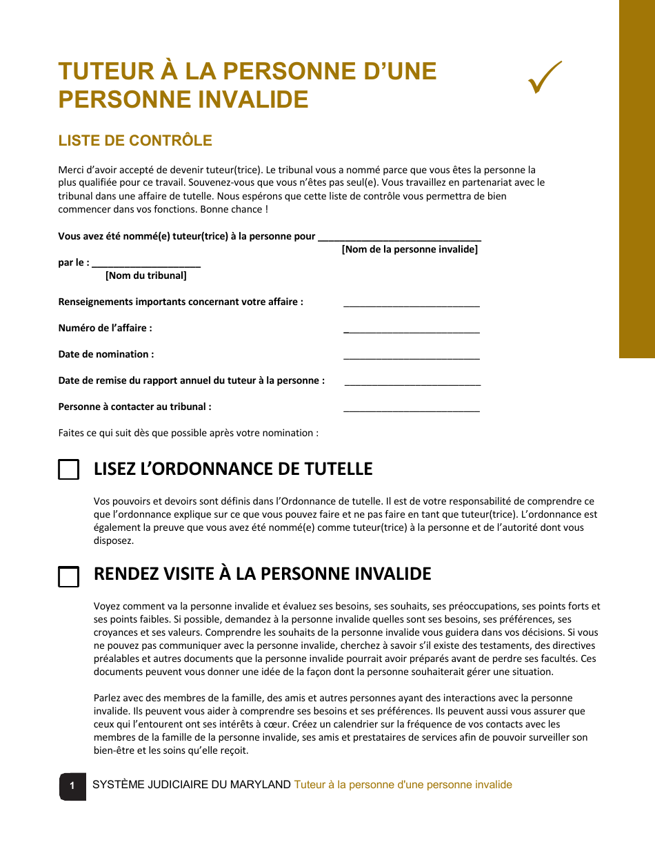 Guardian of the Person of a Disabled Person Checklist - Maryland (French), Page 1