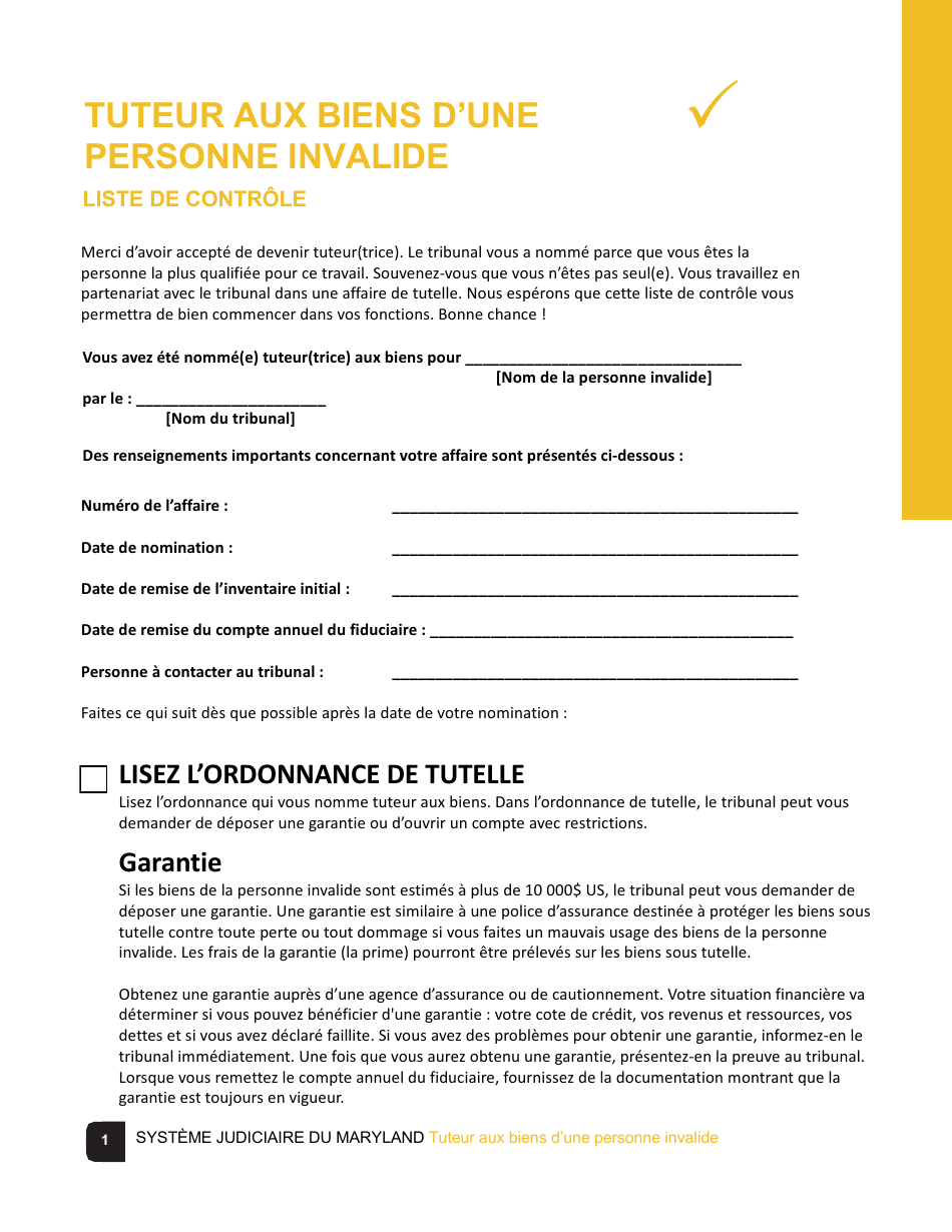 Guardian of the Property of a Disabled Person Checklist - Maryland (French), Page 1