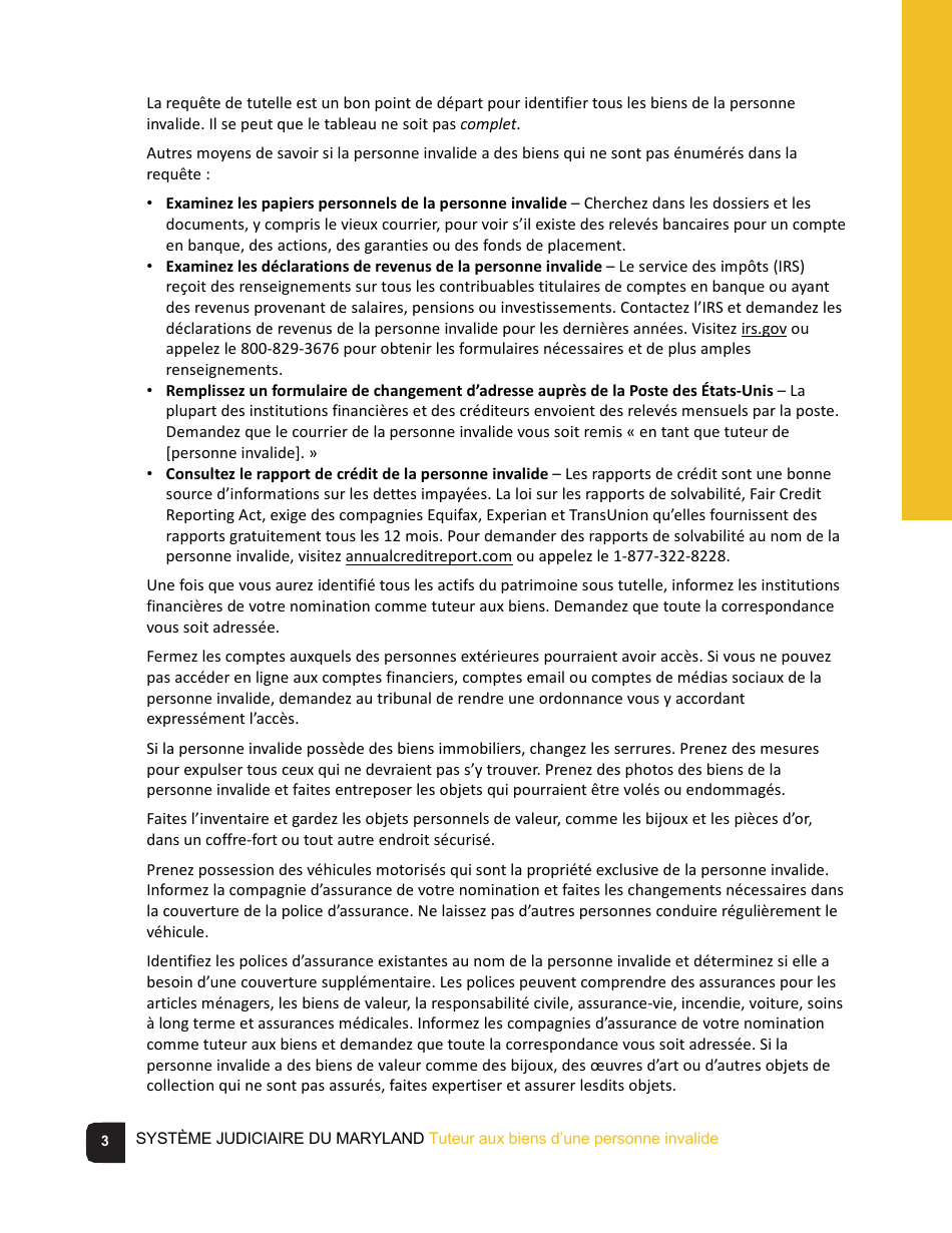 Guardian of the Property of a Disabled Person Checklist - Maryland (French), Page 3