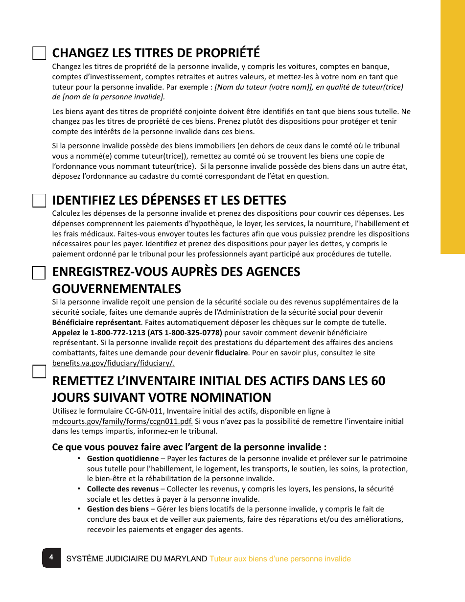 Guardian of the Property of a Disabled Person Checklist - Maryland (French), Page 4