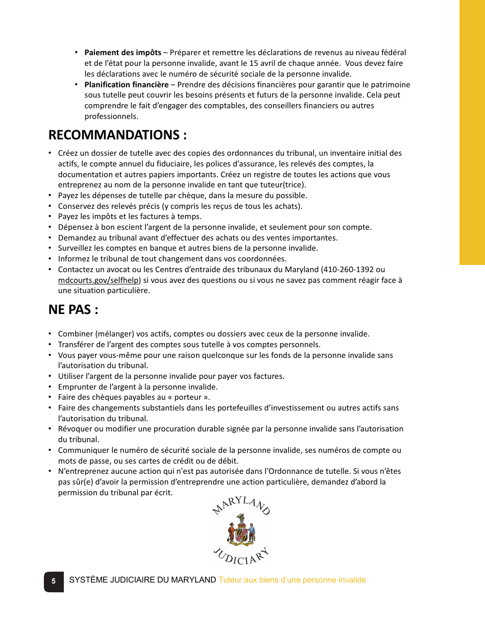 Guardian of the Property of a Disabled Person Checklist - Maryland (French), Page 5
