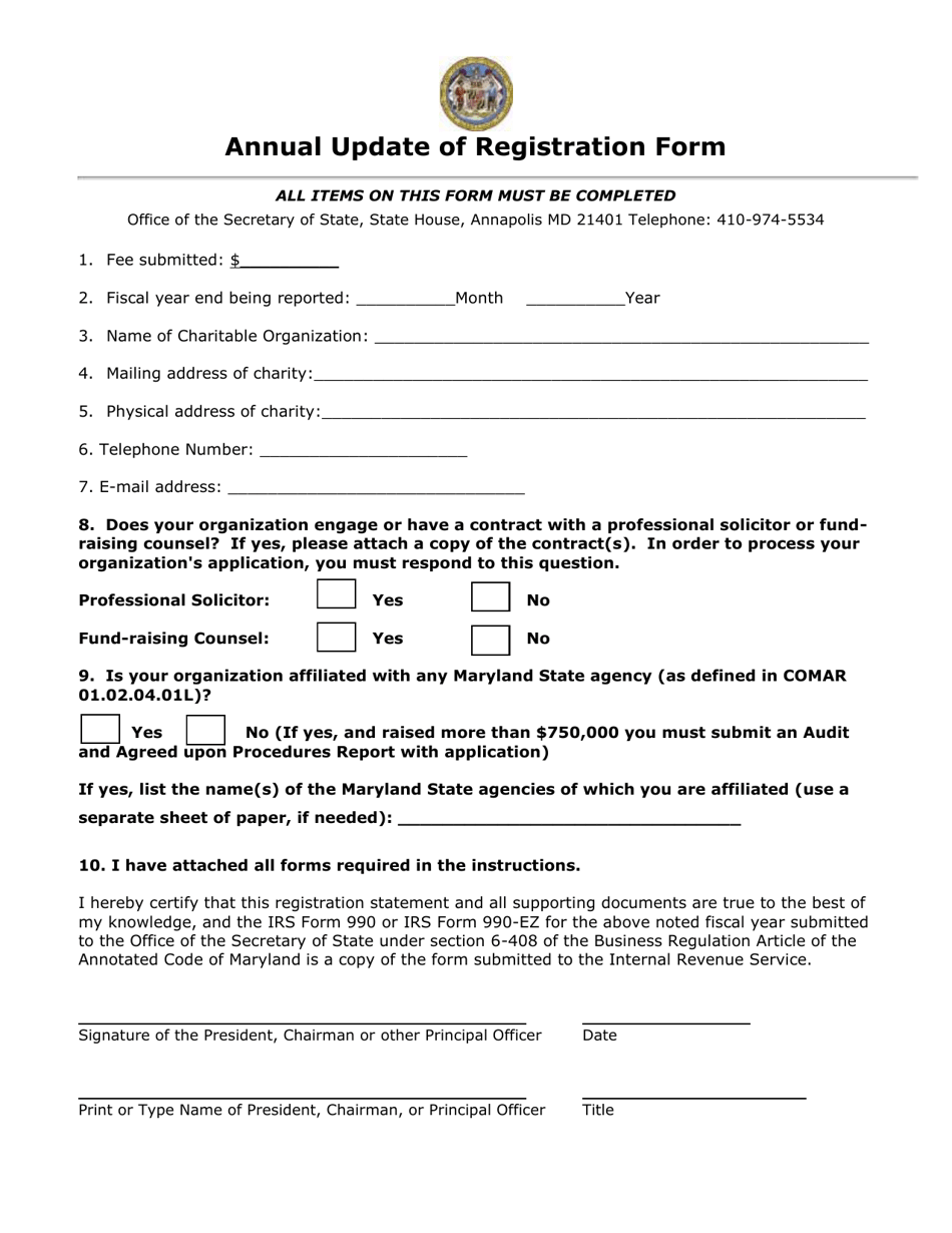 Maryland Annual Update of Registration Form Download Fillable PDF Templateroller
