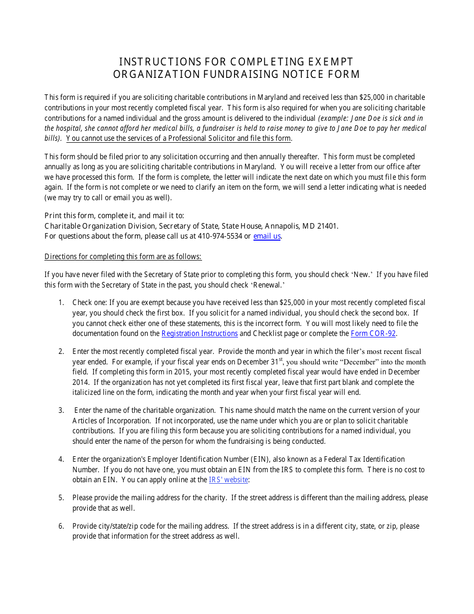 Maryland Exempt Organization FundRaising Notice Form Fill Out, Sign