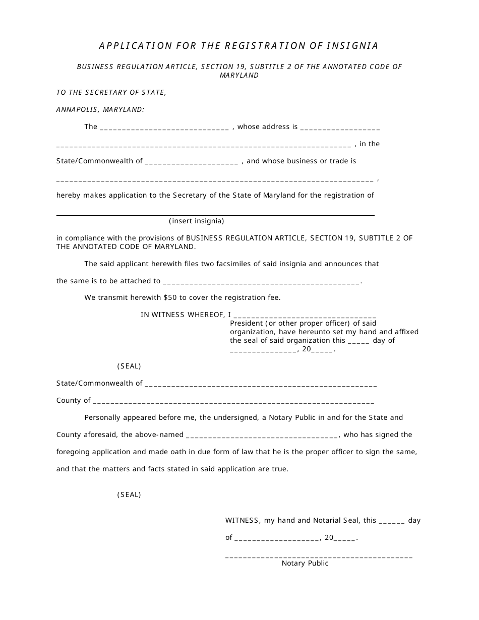 Application for the Registration of Insignia - Maryland, Page 1