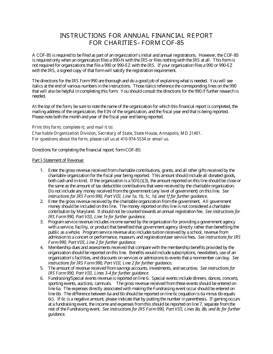 Form COF-85 Annual Financial Report for Charities - Maryland, Page 1