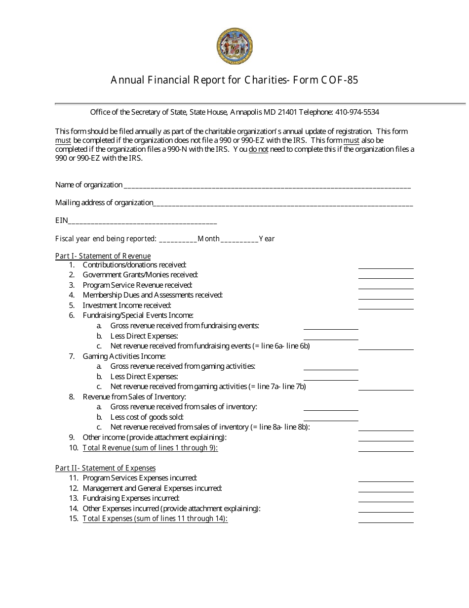 Form COF-85 Annual Financial Report for Charities - Maryland, Page 5