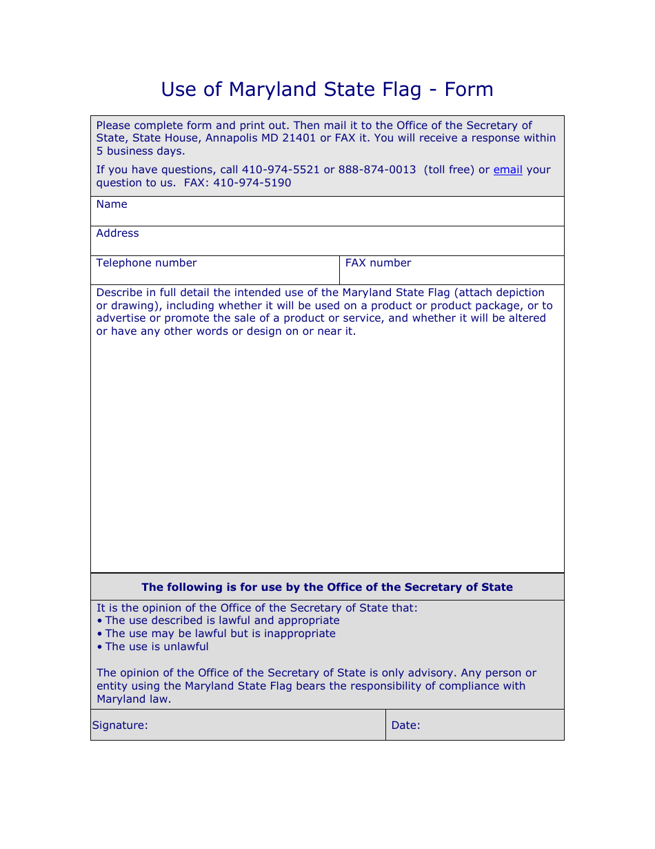 Maryland Use of Maryland State Flag Form Fill Out, Sign Online and