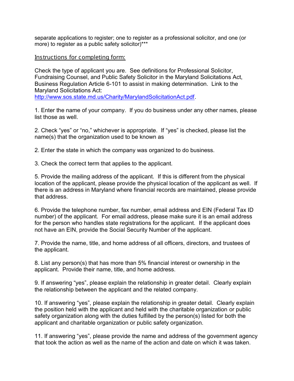 Application to Register as a Professional Solicitor, Fund-Raising Counsel, or Public Safety Solicitor - Maryland, Page 2