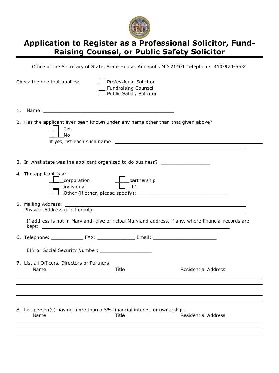 Application to Register as a Professional Solicitor, Fund-Raising Counsel, or Public Safety Solicitor - Maryland, Page 4