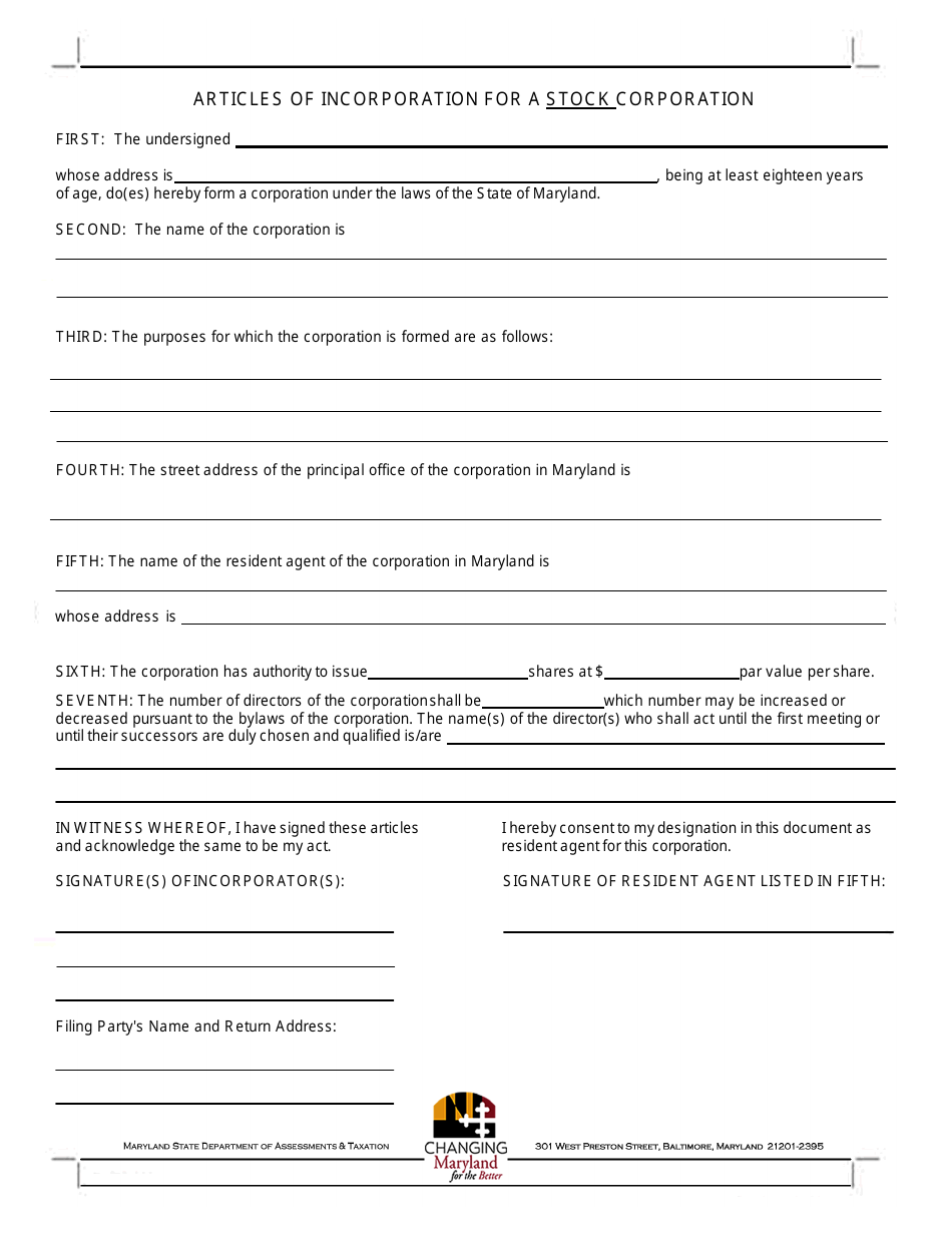 Maryland Articles of Incorporation for a Stock Corporation Fill Out