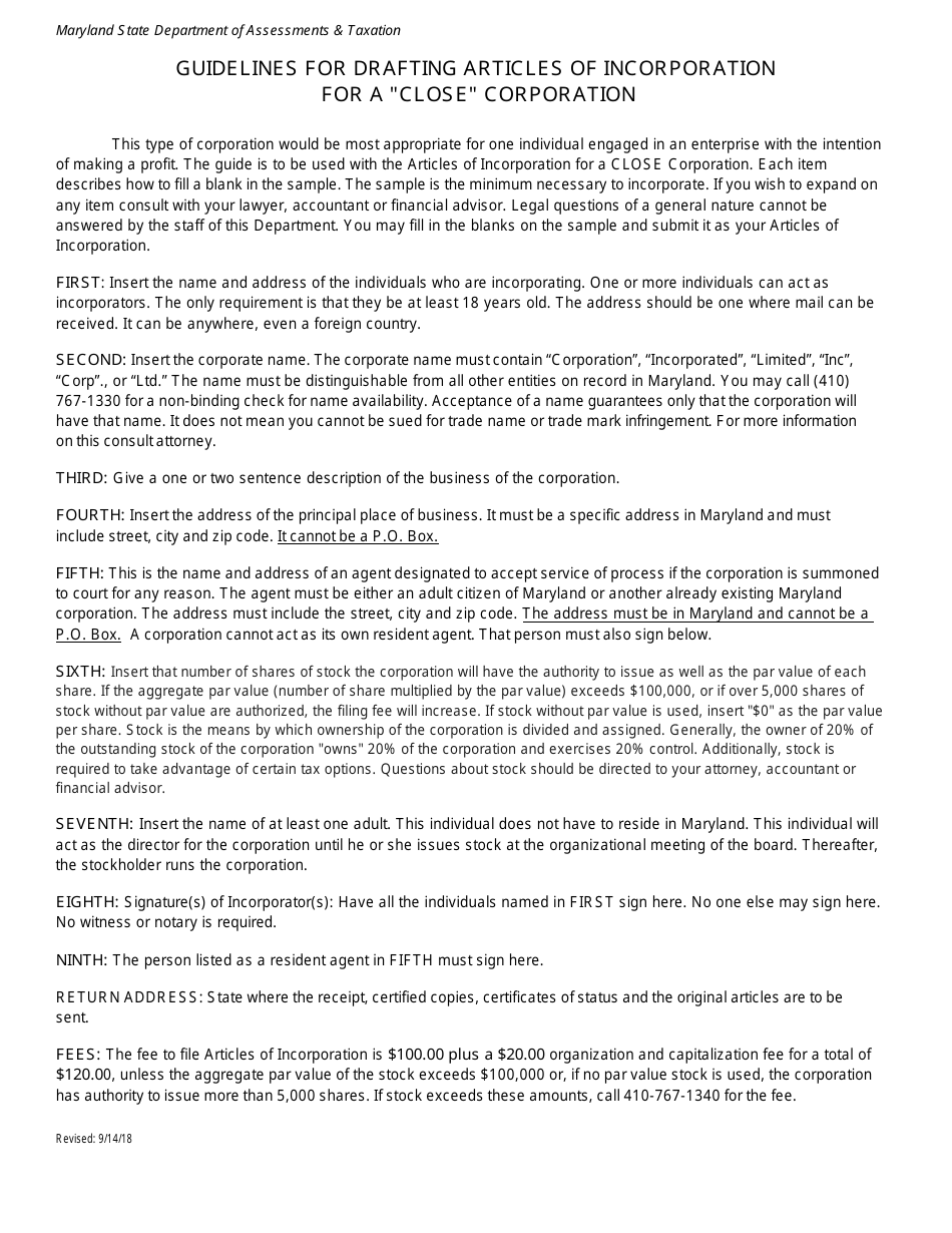 Articles of Incorporation for a Close Corporation - Maryland, Page 2