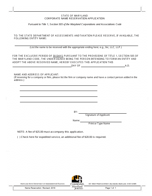 Corporate Name Reservation Application Form - Maryland