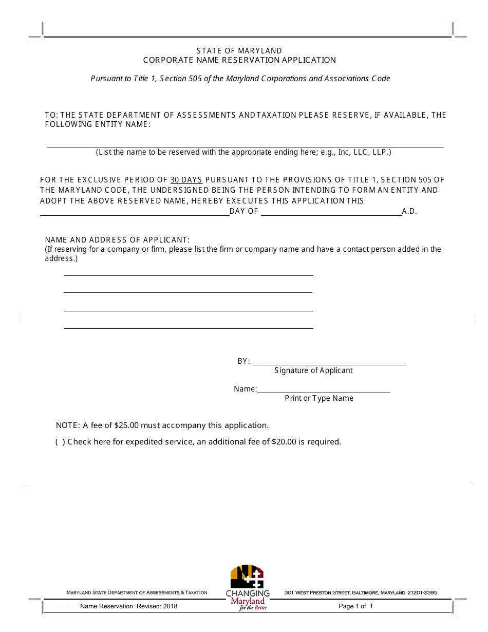 Corporate Name Reservation Application Form - Maryland, Page 1