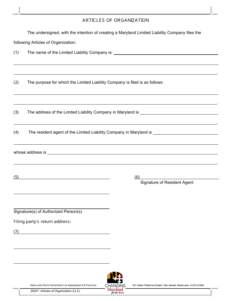 Articles of Organization for Limited Liability Company - Maryland, Page 1