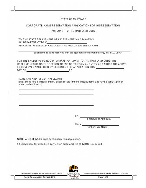 Corporate Name Reservation Application for Re-reservation - Maryland Download Pdf