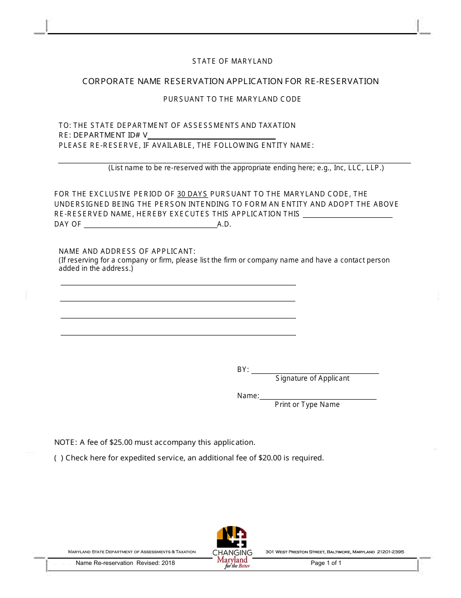 Corporate Name Reservation Application for Re-reservation - Maryland, Page 1