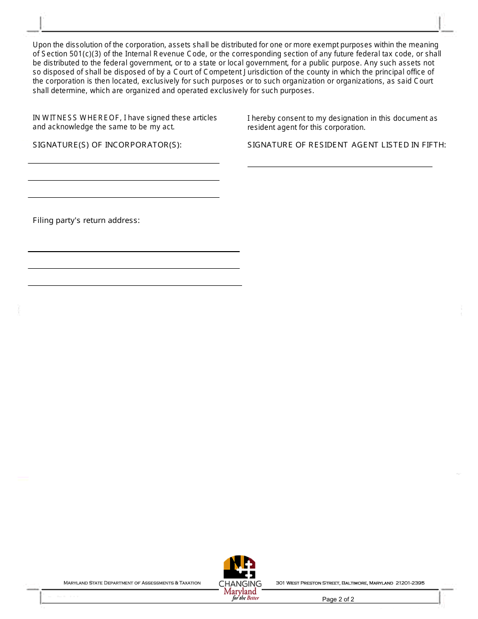 Maryland Articles of Incorporation for a TaxExempt Nonstock