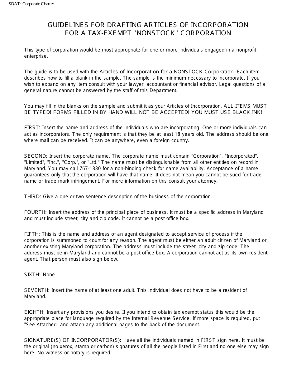 Maryland Articles of Incorporation for a TaxExempt Nonstock