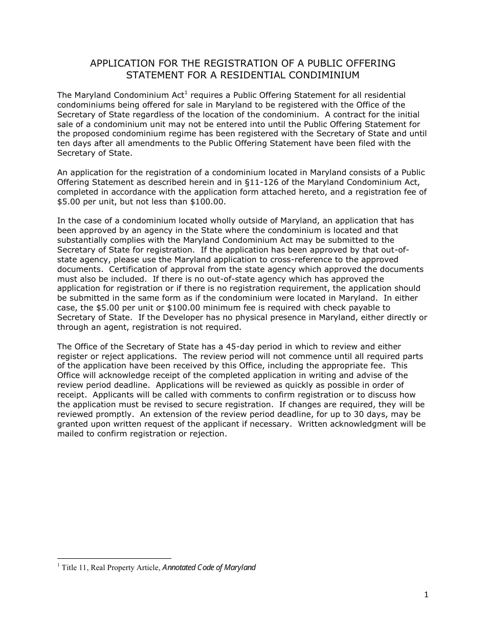 Application for the Registration of a Public Offering Statement for a Residential Condominium - Maryland, Page 2