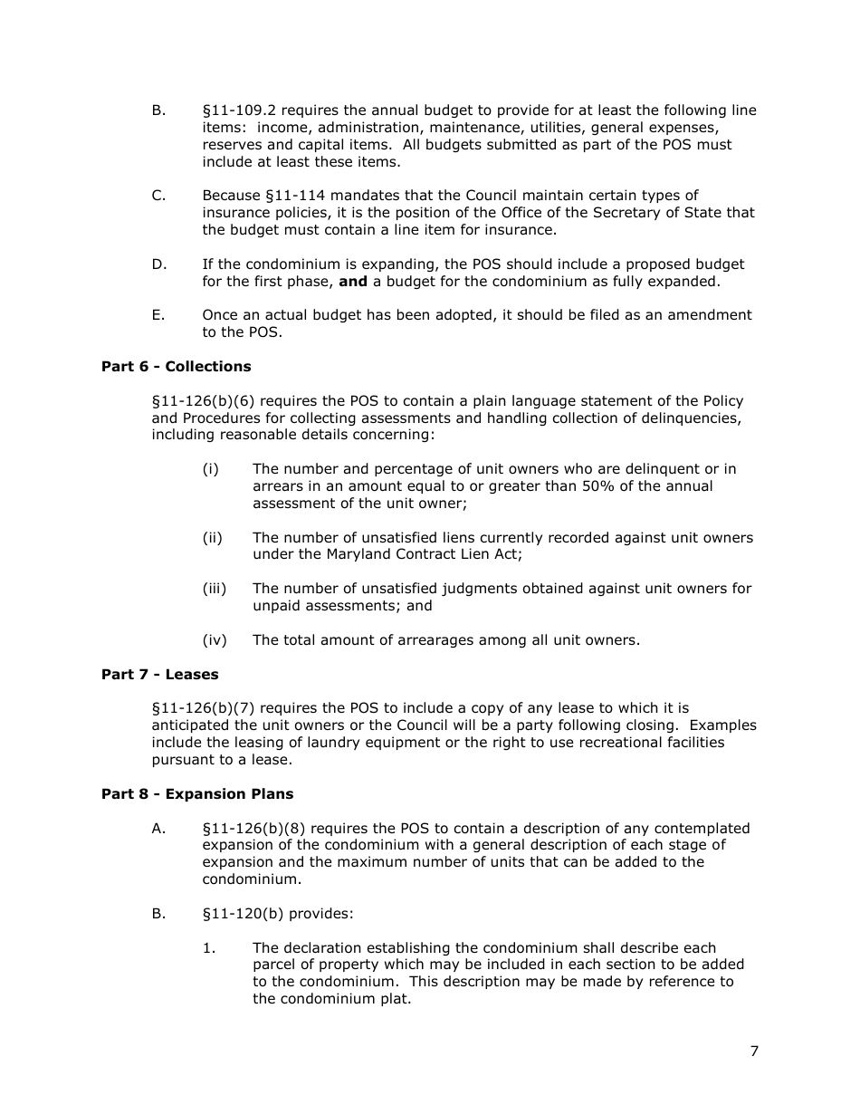 Application for the Registration of a Public Offering Statement for a Residential Condominium - Maryland, Page 8
