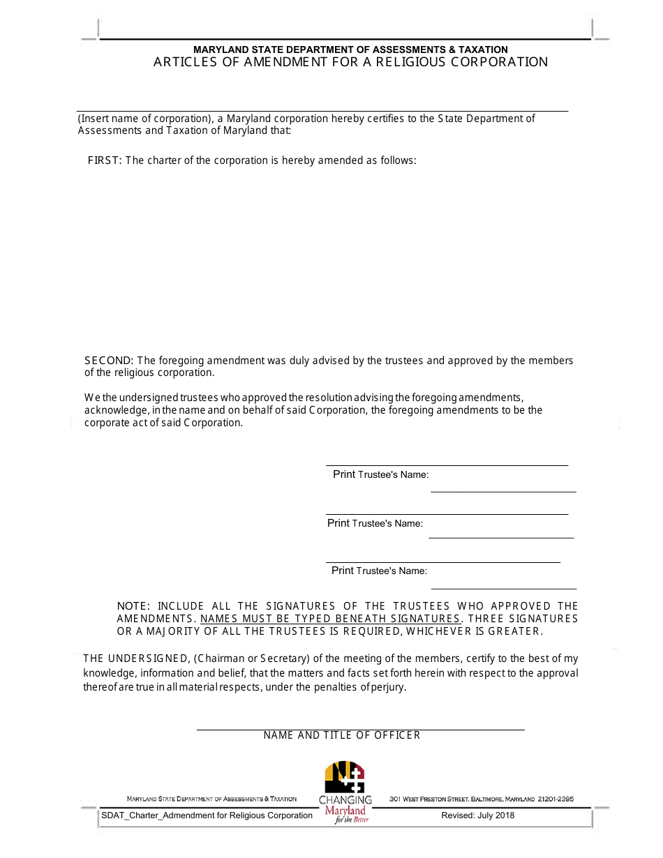 Articles of Amendment for a Religious Corporation - Maryland, Page 1