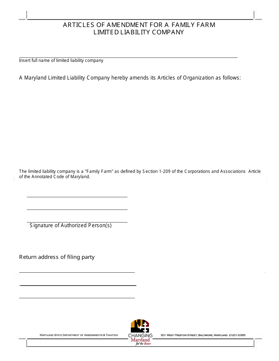 Articles of Amendment for a Family Farm - Limited Liability Company - Maryland, Page 1
