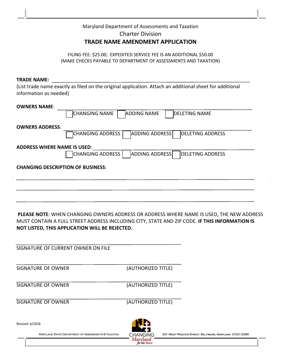 Trade Name Amendment Application Form - Maryland, Page 1