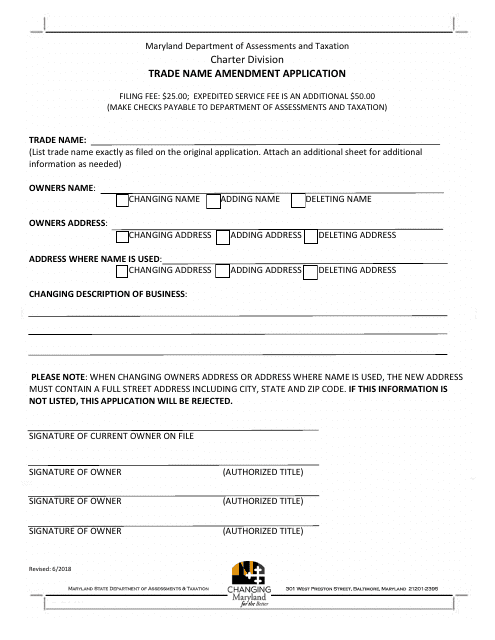 Trade Name Amendment Application Form - Maryland Download Pdf