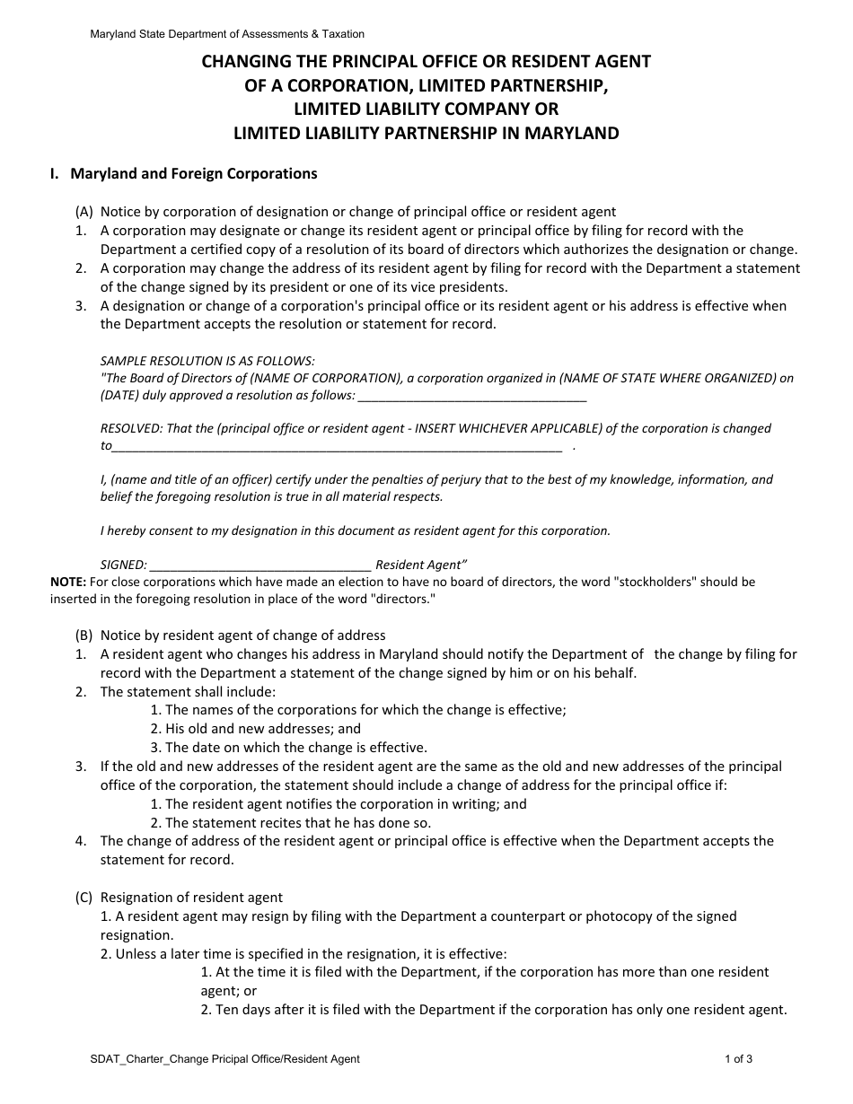 Resolution to Change Principal Office or Resident Agent - Maryland, Page 2